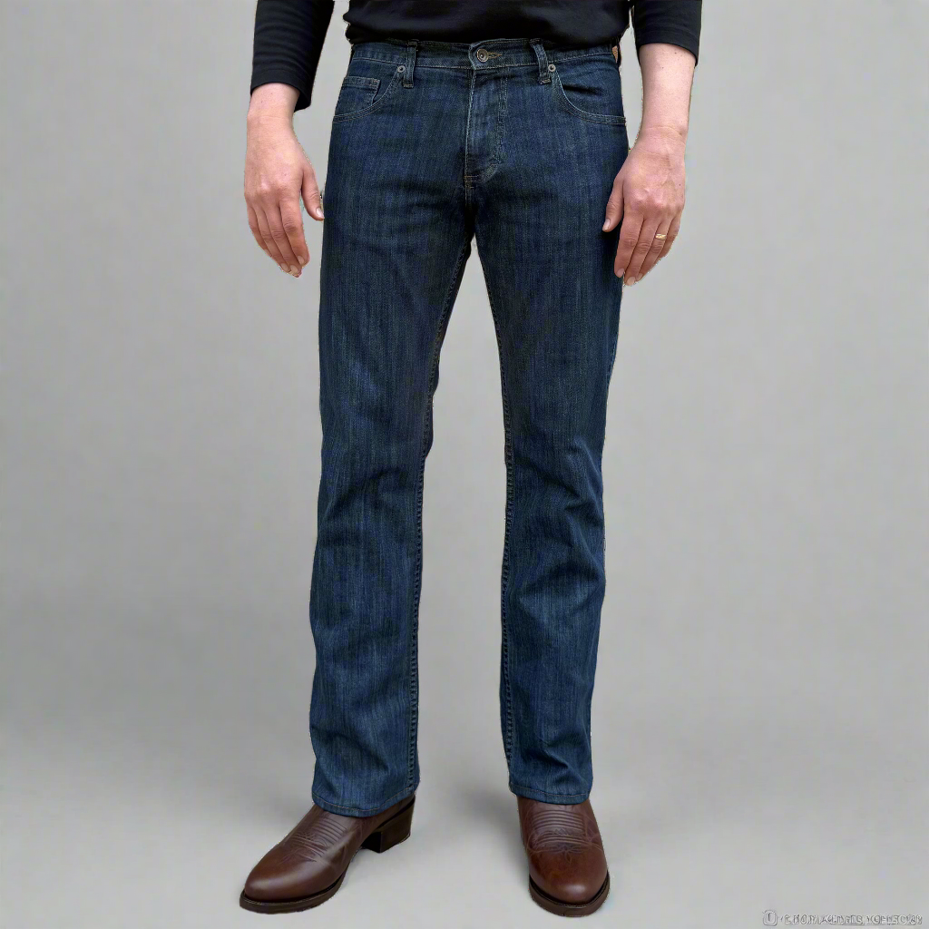 Dark wash boot cut men's jeans shown flat, front view with five pockets and belt loops.