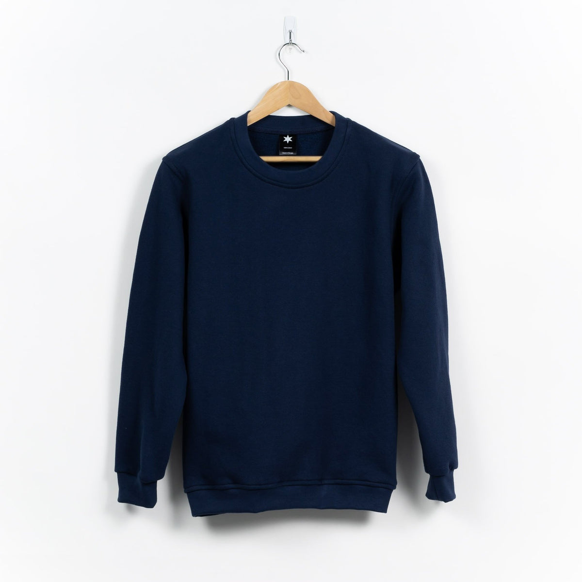 Back view of the navy heavyweight cotton sweatshirt.