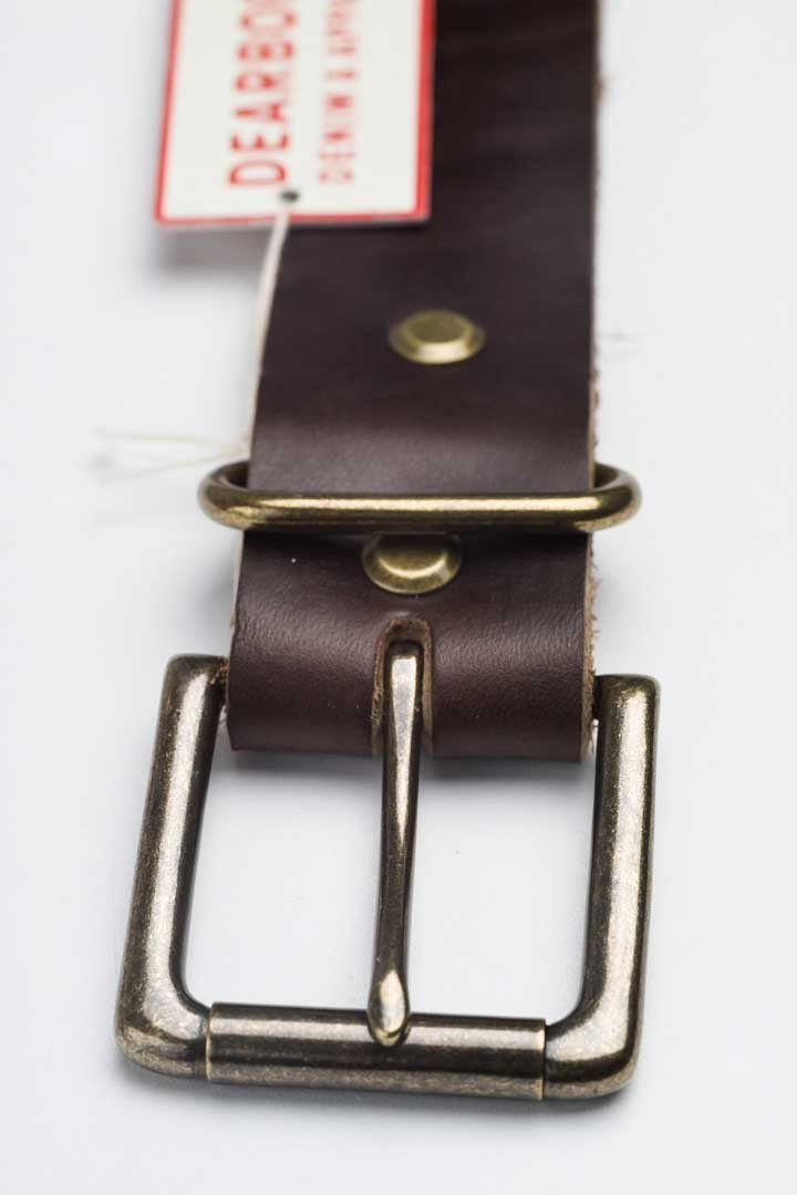 Dark Havana Brown Leather Belt - Buckle and tag