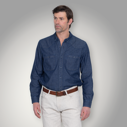 Indigo chambray club collar button down shirt, front view