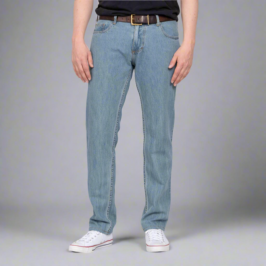 Tailored Fit iced indigo jeans in 10oz cotton denim, shown front on a model