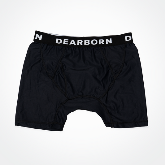 Back view of black performance boxer briefs showing mesh fabric and seams