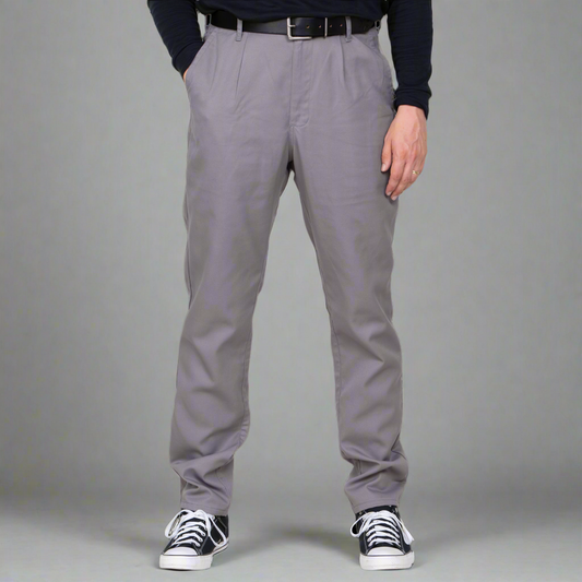 Grey tailored fit stretch chino pants shown front view
