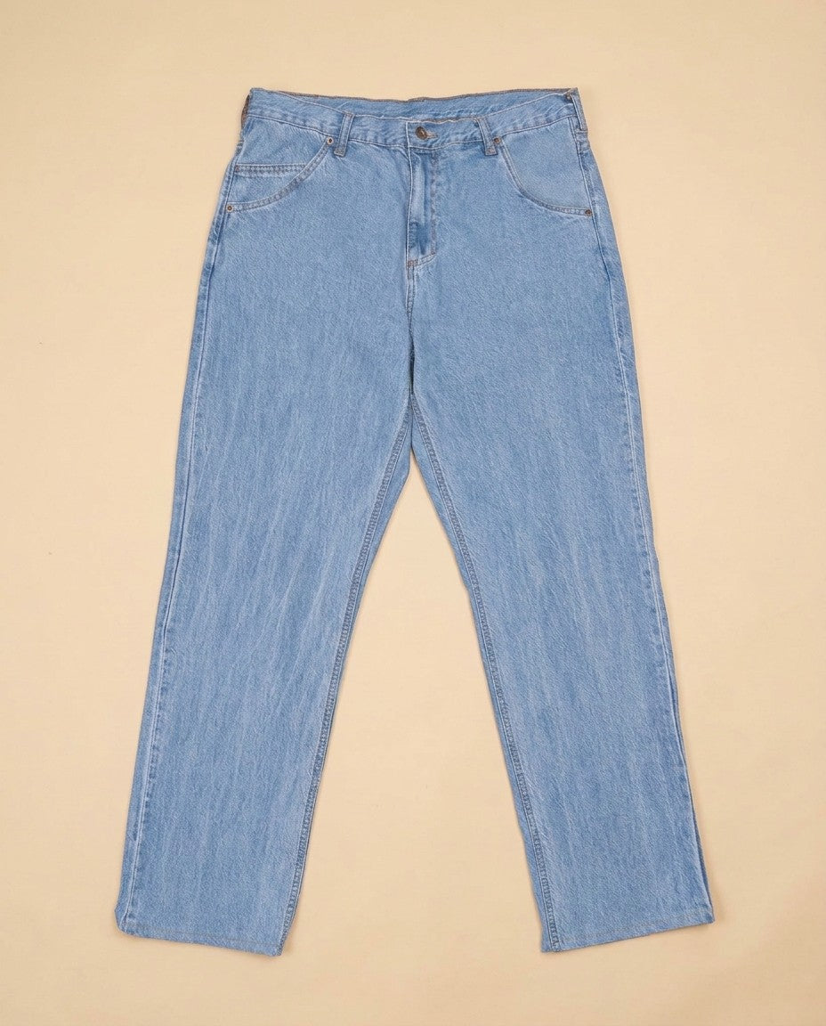 Flat lay of Relaxed Fit jeans in the iced indigo fade, 10oz 100% cotton denim with no stretch.