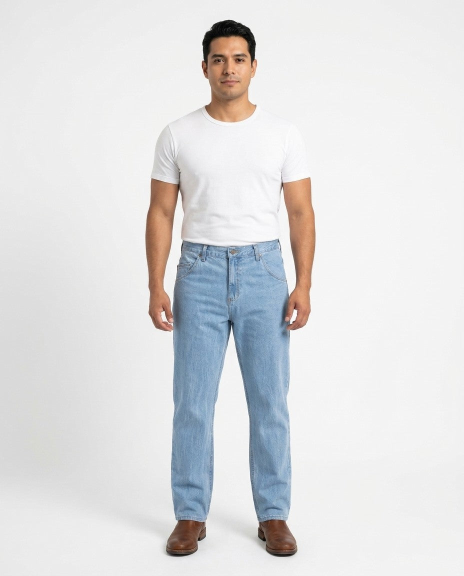 Relaxed Fit iced indigo jeans in 10oz 100% cotton denim, shown front on a model.