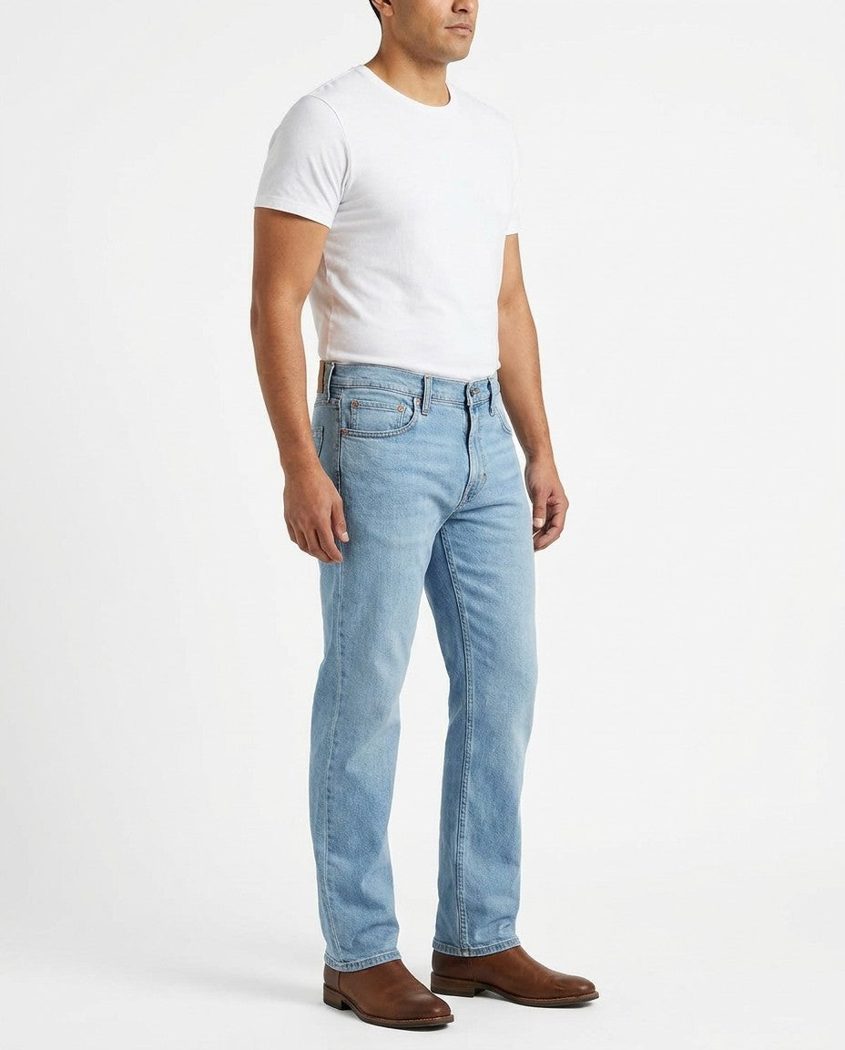 Side view showing the standard rise and straight leg of the Relaxed Fit iced indigo jeans.
