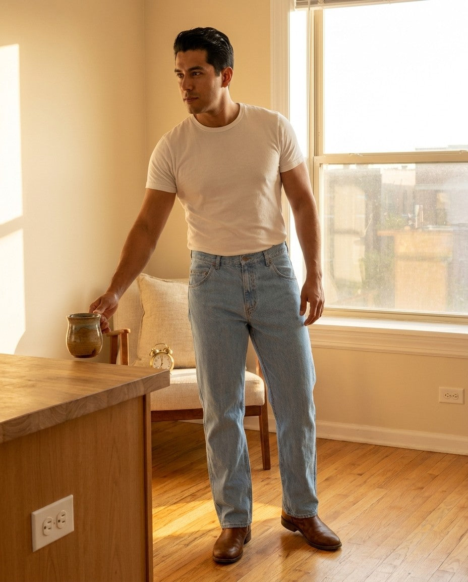 Relaxed Fit iced indigo jeans worn in a sunlit kitchen.