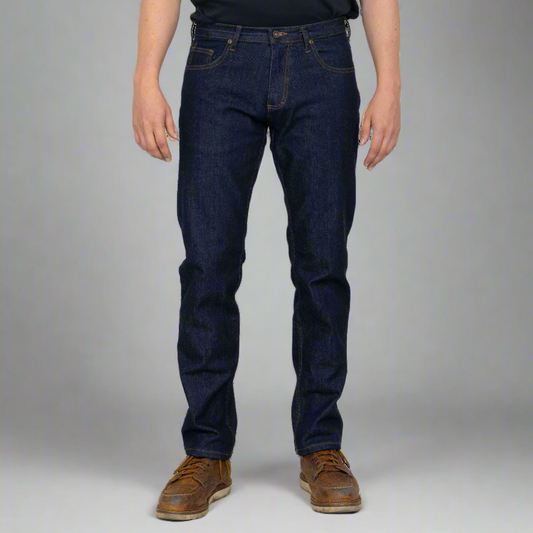 Dearborn Denim Tailored Fit men's jeans in dark wash 12oz stretch denim, front view