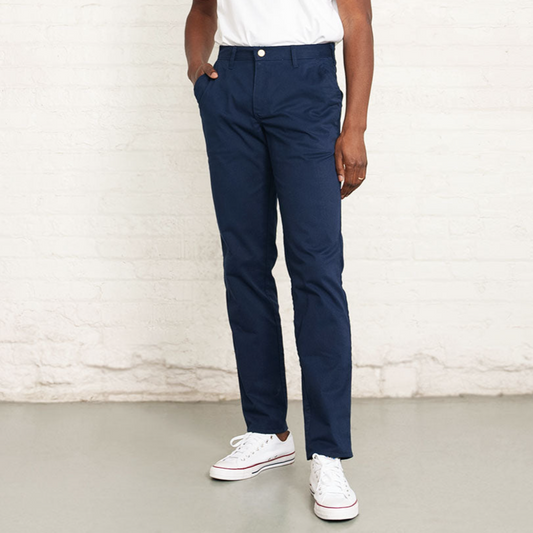 Navy stretch chino pants in tailored fit, shown flat from the front.