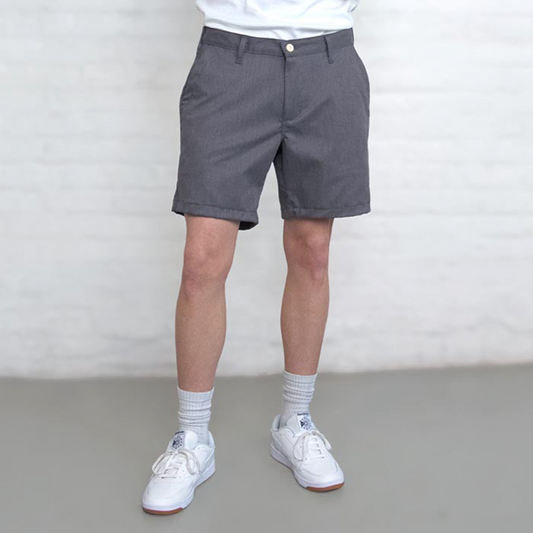 Grey chino shorts with a 7 inch inseam, shown flat from the front