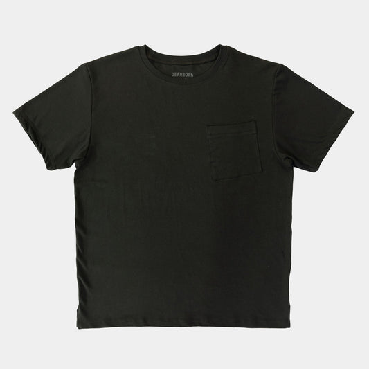 Black Supima cotton pocket T-shirt with crew neck and left chest patch pocket, shown front view.