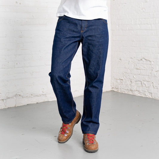 Dark wash relaxed fit men's jeans shown front on, straight through the leg to an 18-inch opening.