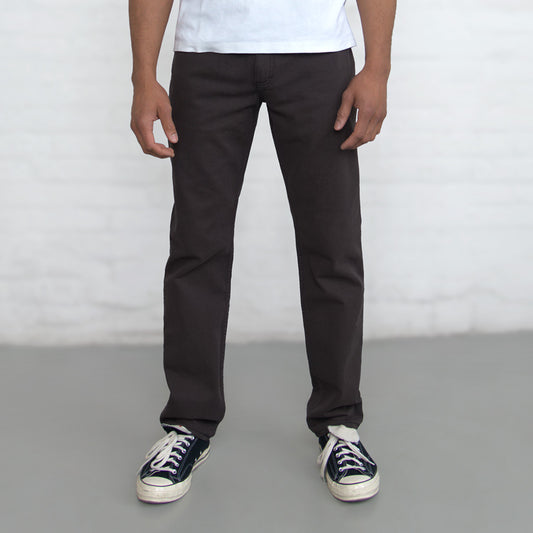 Espresso Tailored Fit jeans shown flat from the front with five-pocket styling and gold leaf button.