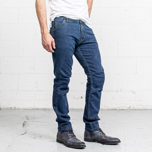 Commuter jeans in a medium wash denim, shown front view on a standing model.