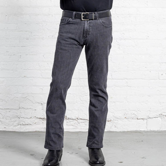 Boot cut grey wash men's jeans shown front view, full length