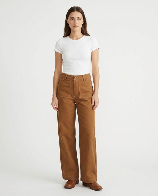 Brown Palazzo high-rise wide leg jeans shown front view on a model.