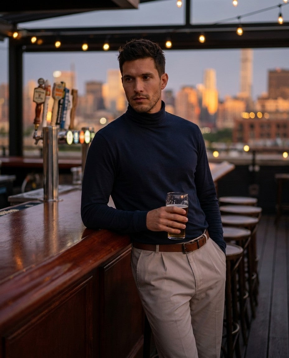 Close-up of the double turtleneck collar and fine gauge interlock knit fabric.