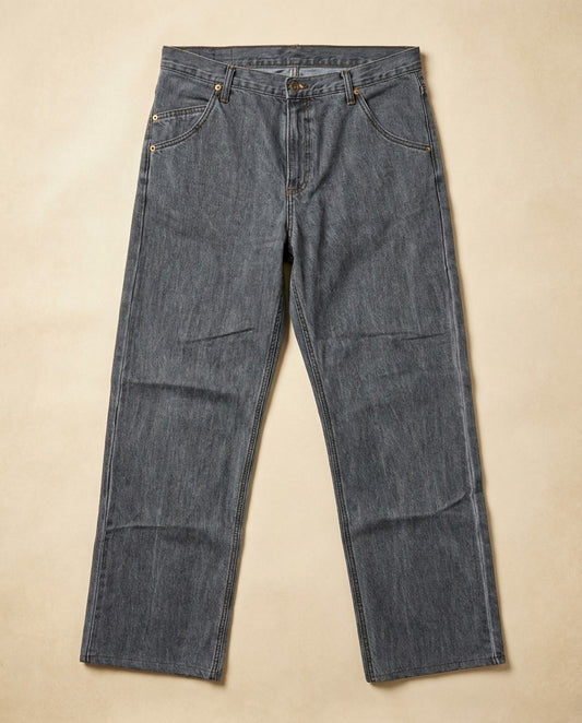 Gray Straight 19 jeans shown flat from the front with five-pocket styling and button fly closure.