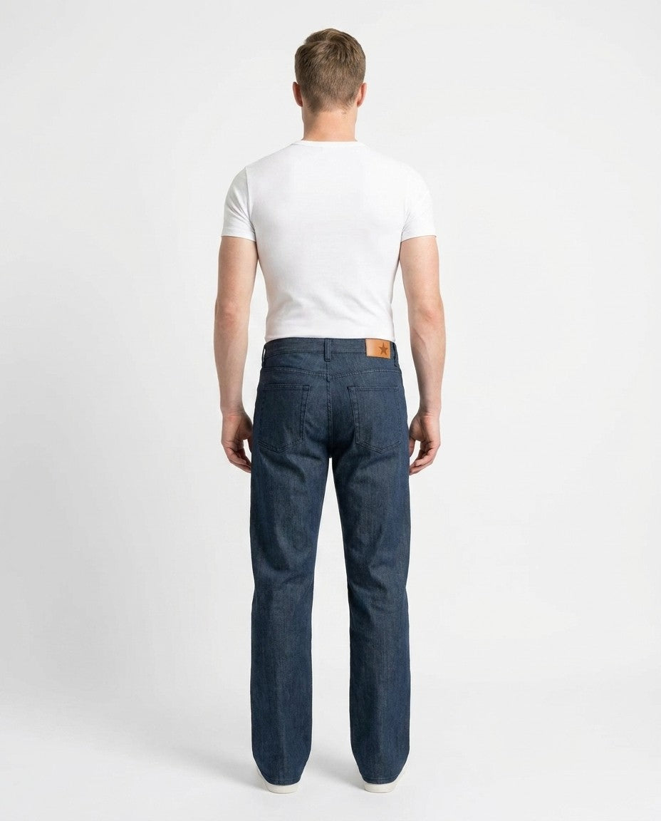 Back view of Moon Creek Straight 19 jeans showing rear pockets and Horween leather patch at the waistband.