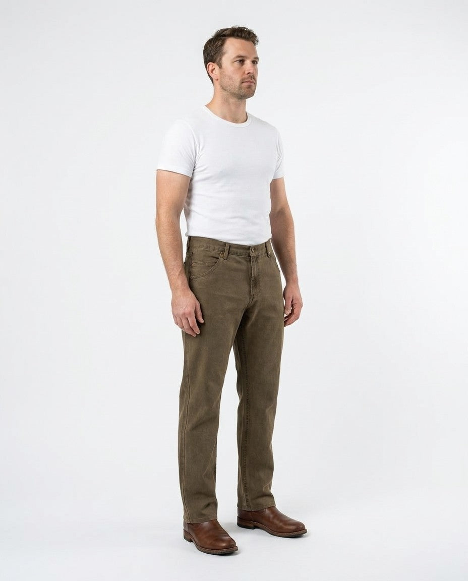 Side view of Relaxed Fit jeans in Mica wash showing the standard rise and straight leg.