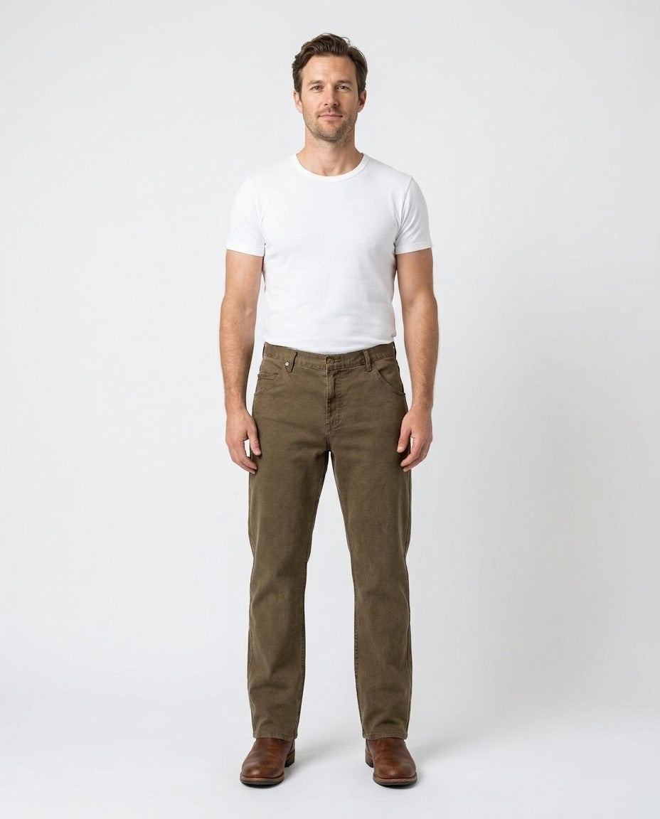 Front view of Relaxed Fit men's jeans in the Mica wash, roomy through the seat and thigh with a straight leg.