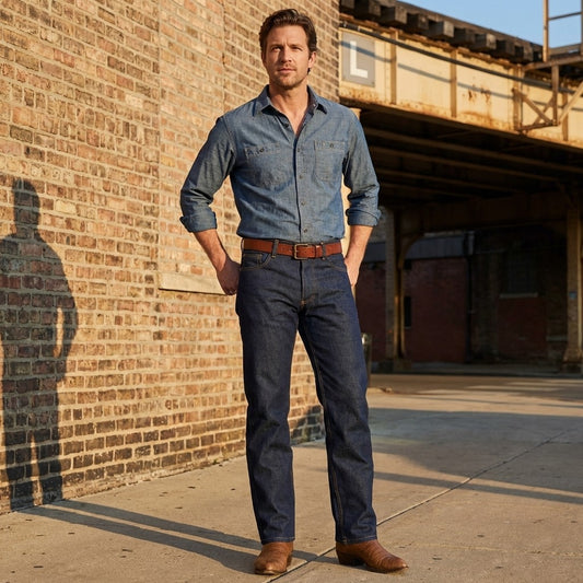 Long Ryder Model 2 indigo boot cut jeans, front view