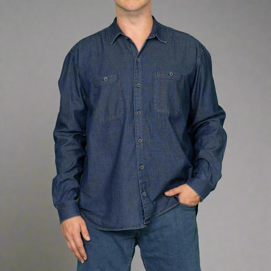 Light blue chambray button up shirt in Work Fit, front view with two chest pockets