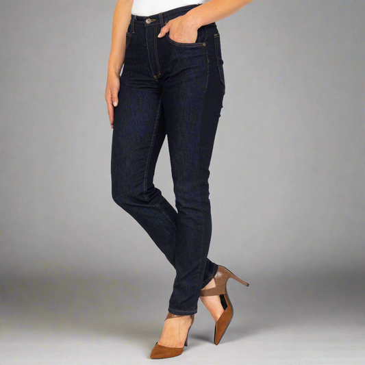 Front view of dark wash high rise straight leg jeans on a model, hem falling straight from the knee.