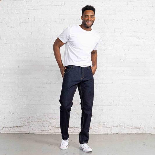 Classic fit dark wash jeans shown front view with straight tapered leg and five-pocket styling