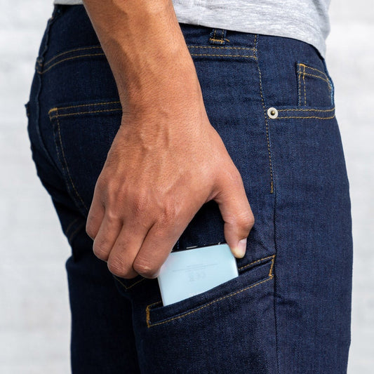 Relaxed fit dark wash men's jeans shown front view