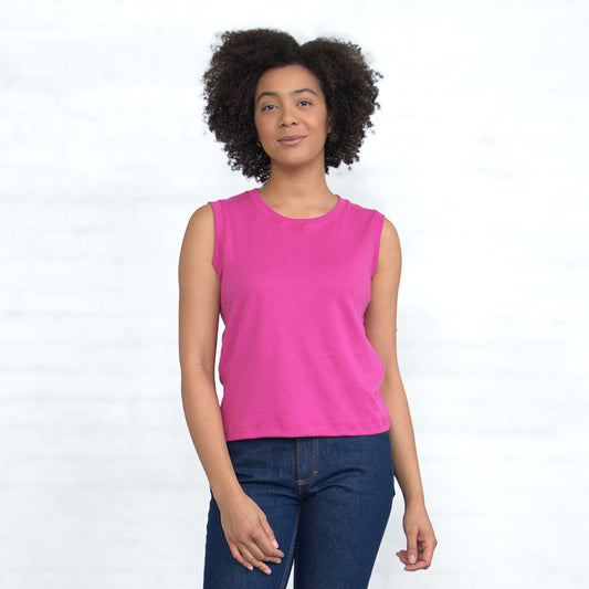 Magenta sleeveless crop top in Supima cotton, front view