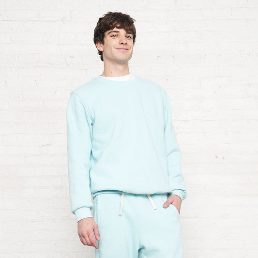 Crystal light blue crew neck sweatshirt, front view