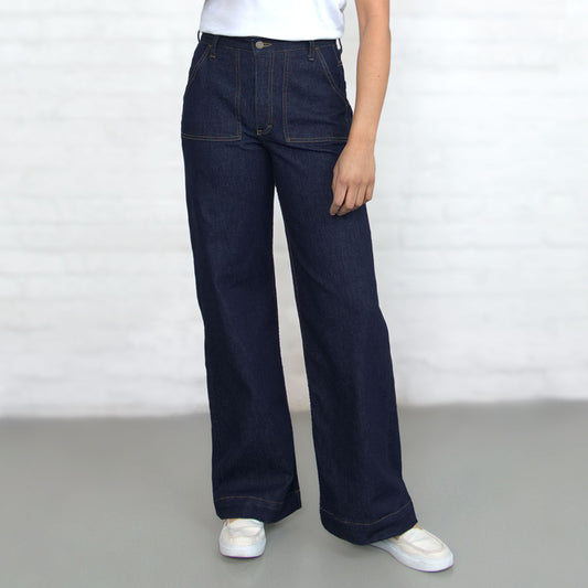 Dark wash Palazzo high-rise wide-leg jeans shown front on a model
