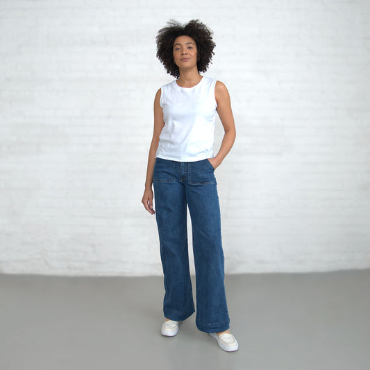 Light wash high-rise wide-leg Palazzo jeans shown from the front