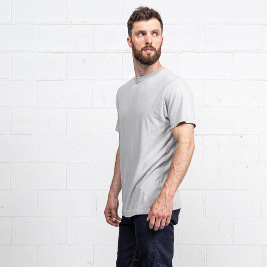 Grey Supima cotton crew neck t-shirt laid flat, front view