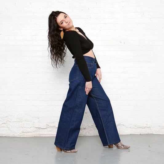 Front view of Palazzo high-rise wide leg jeans in dark wash cotton denim.