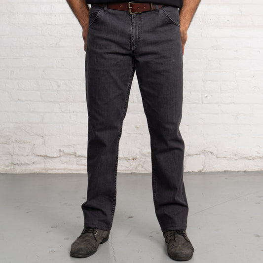 Relaxed fit grey wash jeans shown front view, full length