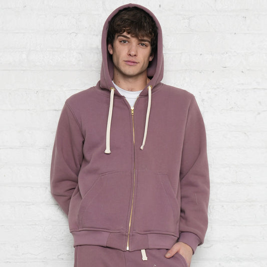 Rose taupe zip-up hoodie in 3 thread fleece, shown from the front with the zipper closed