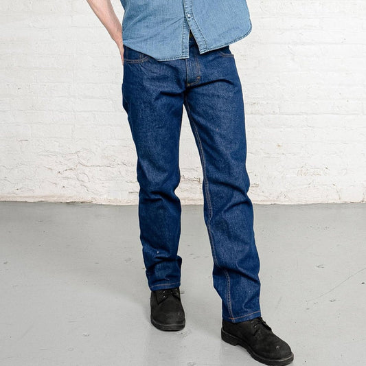 Men's Tailored Fit dark wash jeans in 100% cotton denim, front view