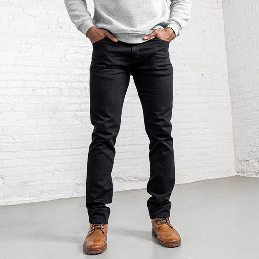 Dearborn Denim Tailored Fit jeans in black, front view laid flat
